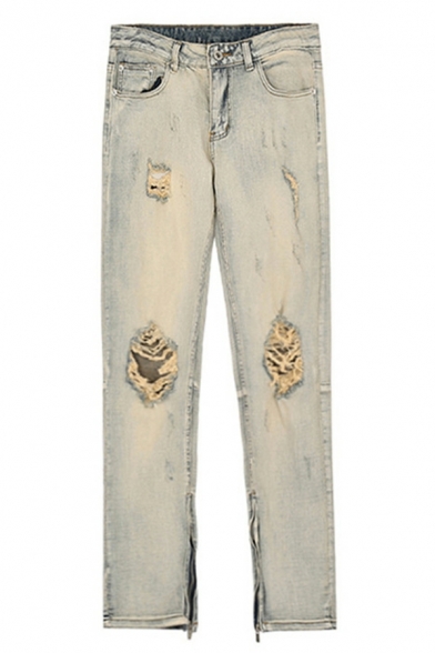 Retro Jeans Fashion Women's Slim-fit Old Ripped Straight-leg Pants