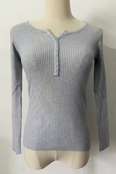 Warm Ladies Knitwear Pure Color Long Sleeves V Neck Slim Button Fly Pullover Knitwear