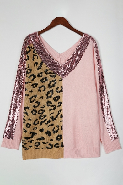 Women Fashion Sweater Leopard Print Long-sleeved V Neck Sequin Detail Pullover Sweater