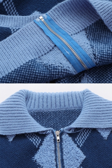 Women's Retro Plaid Cardigan Sweater Winter Zipper Knitted Sweater