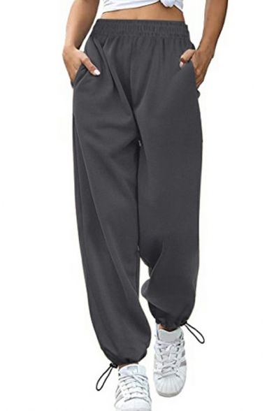Women Trendy Pants Whole Colored Pocket Drawstring Mid Waist Pocket Long Length Pants