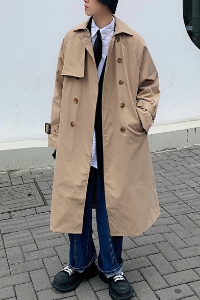 Cool Mens Coat Plain Pocket over The Knee Length Lapel Collar Double Breasted Trench Coat