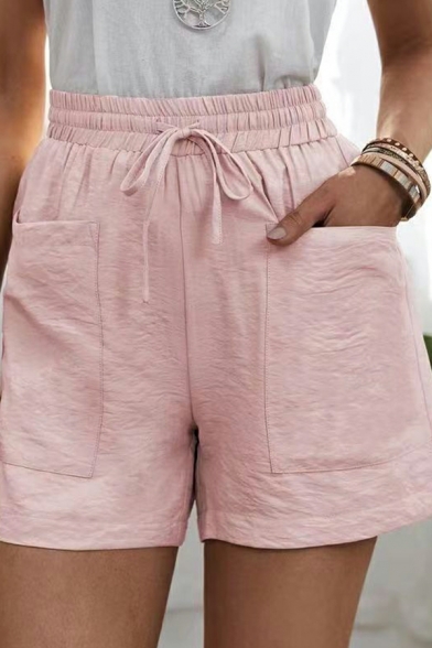 Creative Women Shorts Pure Color Front Pocket Drawstring Waist Mid Rise Shorts