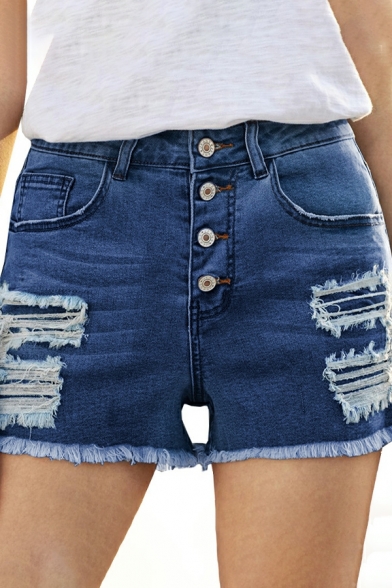 Denim Shorts Summer Women's Casual Breasted High Waist Ripped Shorts
