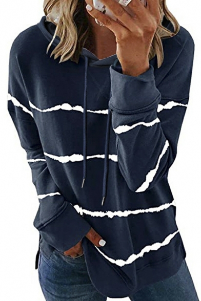 Girls Urban Hoodie Striped Print Fitted Long-Sleeved Hooded Drawstring Hoodie