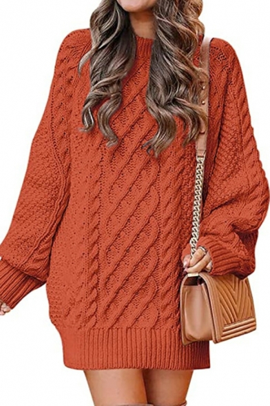 Ladies Trendy Sweater Plain Cable Knit Long Sleeve Round Collar Rib Hem Pullover Sweater