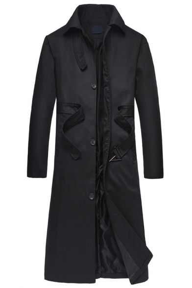 Mens Stylish Coat Solid Spread Collar Regular Button Down Knee Length Trench Coat