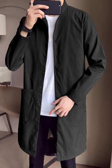 Simple Men Coat Solid Pocket Stand Collar Fitted Long Sleeve Button Down Trench Coat