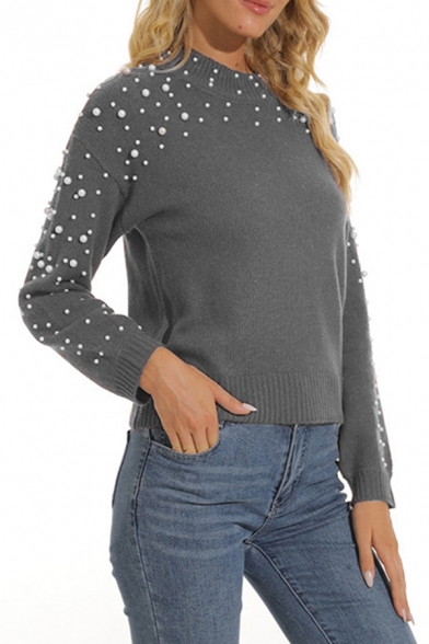 Stylish Ladies Sweater Whole Colored Beading Long Sleeves Round Neck Pullover Sweater