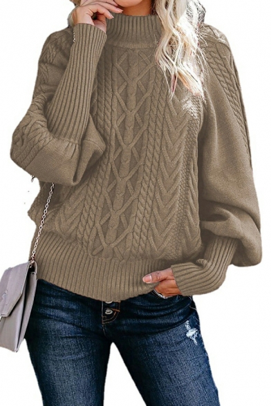 Daily Ladies Sweater Pure Color Ribbed Hem Long-sleeved Mock Collar Pullover Sweater