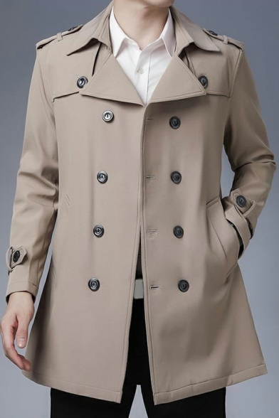 Dashing Guys Coat Solid Lapel Collar Long Sleeves Regular Double Breasted Trench Coat