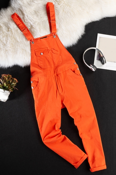 Edgy Guys Overalls Solid Color Chest Pocket Baggy Ankle Length Button Cargo Overalls