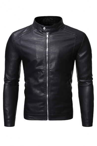 Fancy Men Coat Pure Color Stand Collar Long Sleeve Skinny Zip Closure Leather Jacket