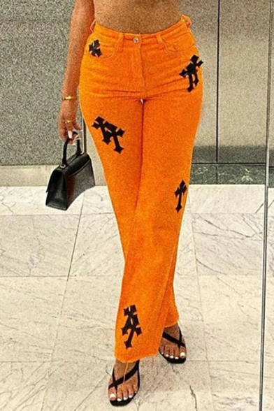 Fashion Embroidered Jeans Women Casual Mid Waist Orange Straight Leg Pants