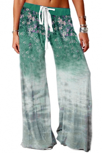Fashionable Girls Pants Floral Print Drawstring Waist Mid Rise Full Length Wide Leg Pants