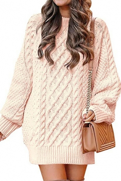 Ladies Trendy Sweater Plain Cable Knit Long Sleeve Round Collar Rib Hem Pullover Sweater