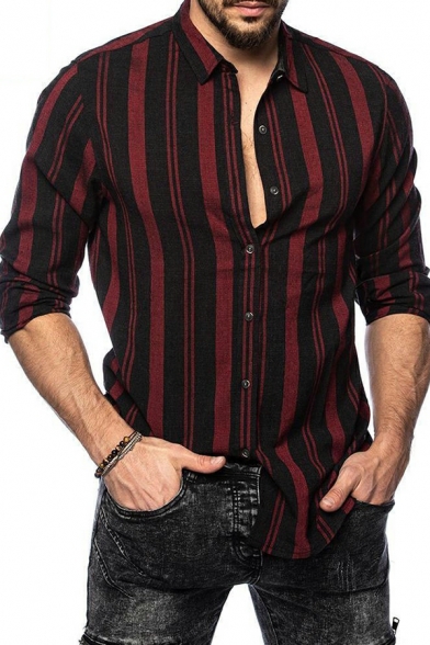 Men Novelty Shirt Striped Print Spread Neck Long-sleeved Fitted Button Placket Shirt
