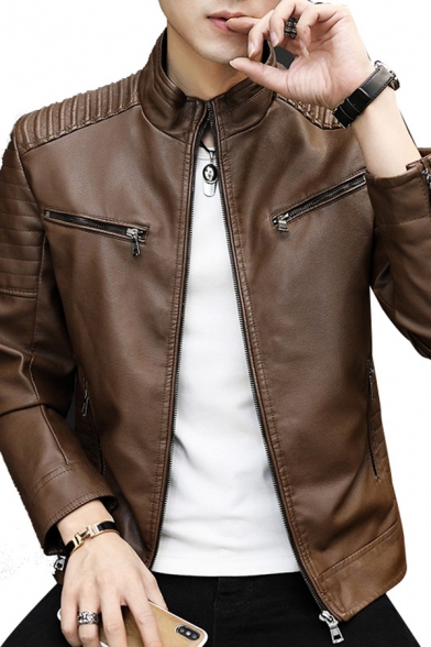 Mens Vintage Jacket Whole Colored Stand Collar Regular Zip Pocket Zipper Leather Jacket