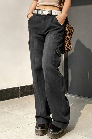 Novelty Girls Pants Flap Pocket Loose High Rise Full Length Zip down Denim Pants