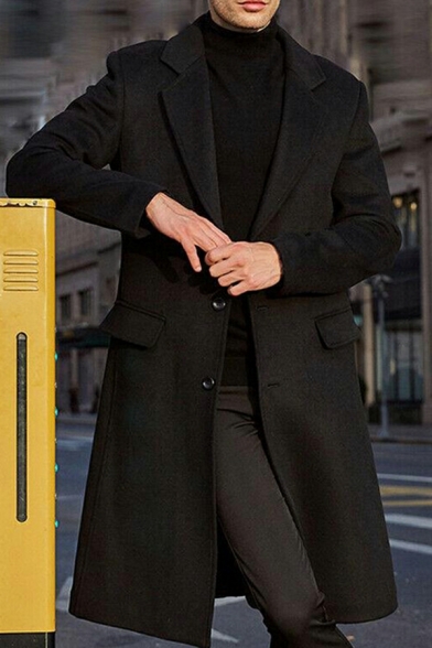 Simple Men Coat Whole Colored Long-sleeved Regular Button Closure Lapel Collar Trench Coat