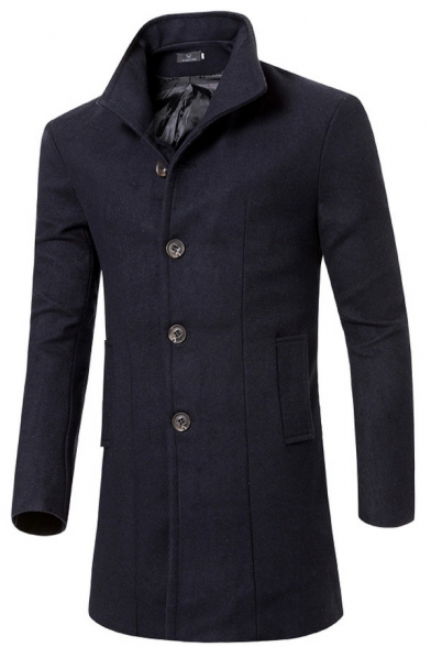 Unique Men Pea Coat Solid Color Long Sleeves Single Breasted Spread Collar Fitted Pea Coat