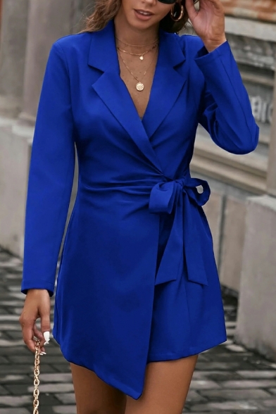 Women Hot Blazer Solid Color Lace up Closure Long Sleeve Lapel Collar Blazer