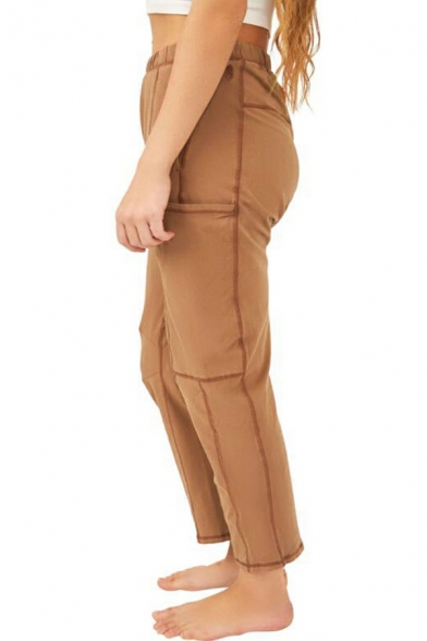 Casual Pants Solid Color Elasticated Waist Mid Rise Ankle Length Straight Pants for Girls