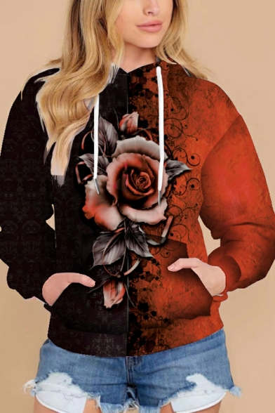 Cool Women Hoodie 3D Floral Print Pocket Long Sleeves Hooded Drawstring Regular Hoodie