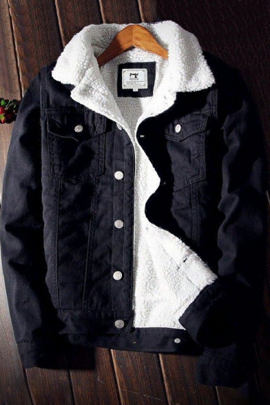 Denim Jacket Men's Winter Casual Slim Long Sleeved Lapel Thick Lamb Wool Jacket