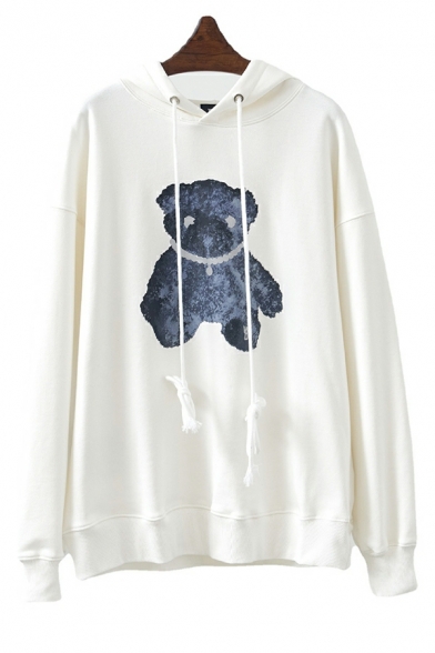 Hooded Sweater Women's Long Sleeves Loose Cute Bear Pattern Solid Color Sweater