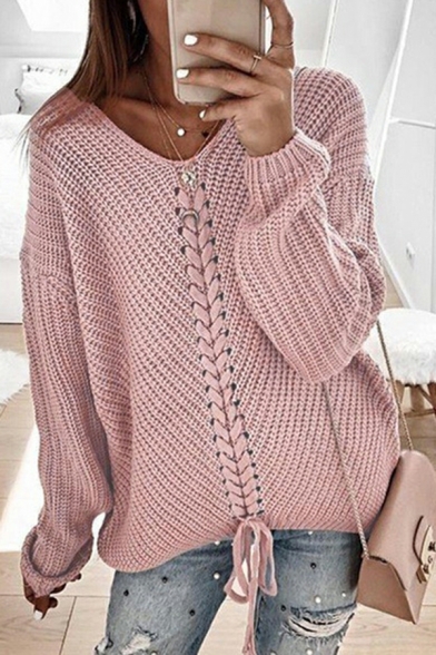 Ladies Trendy Sweater Pure Color Long Sleeves V Neck Fitted Cross Tie Pullover Sweater