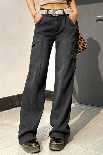 Novelty Girls Pants Flap Pocket Loose High Rise Full Length Zip down Denim Pants