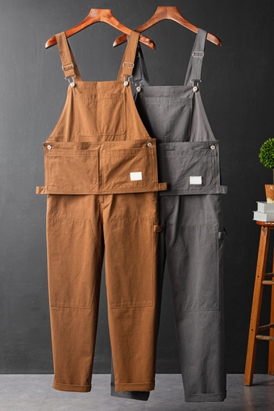 Street Look Men Overalls Pure Color Front Pocket Sleeveless Ankle Length Oversize Overalls