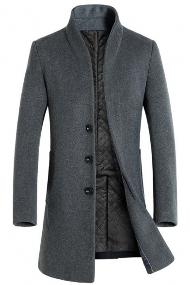 Chic Pea Coat Pure Color Long Sleeve Regular Stand Collar Button Closure Pea Coat