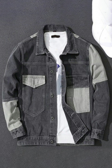 Cool Denim Jacket for Men Loose Fit Long Sleeves Contrast Trim Splicing Denim Jacket