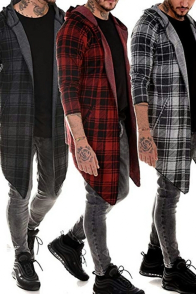 Fashion Coat Checked Print Hooded Long Sleeve Knee Length Open Front Trench Coat for Guys