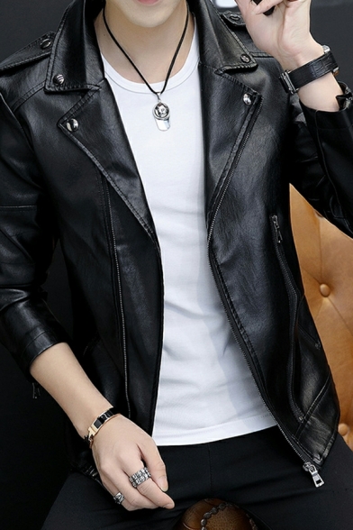 Guy's Creative Jacket Pure Color Pocket Lapel Collar Long-Sleeved Zip-up Leather Jacket