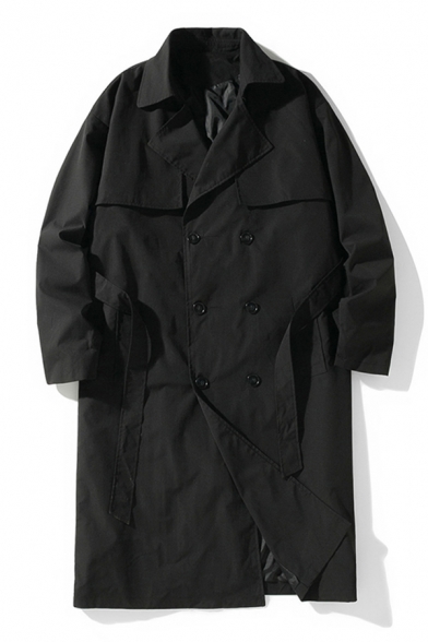 Guys Modern Coat Plain Lapel Collar Long Sleeves Belt Designed Double Breasted Trench Coat