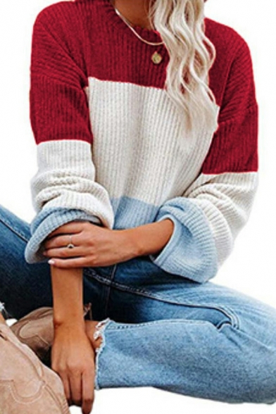 Popular Women Sweater Color-blocking Long Sleeves Round Neck Oversized Pullover Sweater