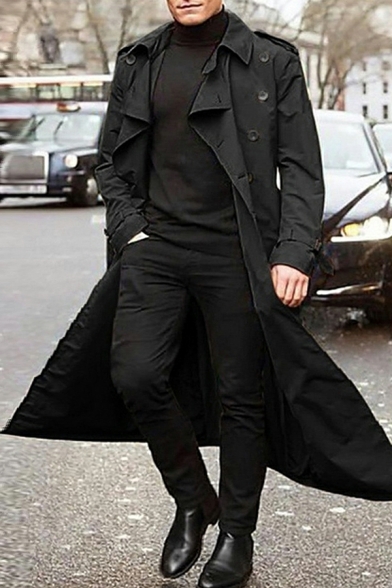 Stylish Men Coat Plain Long Sleeves Long Length Lapel Collar Double Breasted Trench Coat