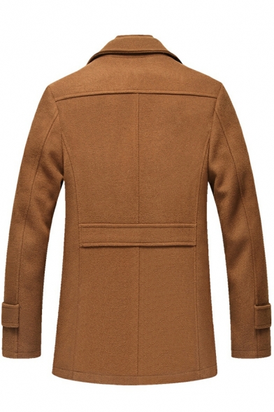 Trendy Pea Coat Plain Long-Sleeved Regular Button Fly Lapel Collar Pea Coat for Guys