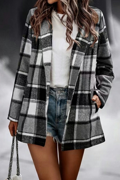 Urban Ladies Cardian Checked Print Relaxed Long Sleeve Lapel Collar Open Front Cardian