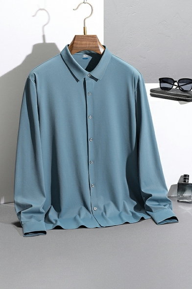 Vintage Men Shirt Solid Point Collar Long Sleeves Slimming Button down Shirt