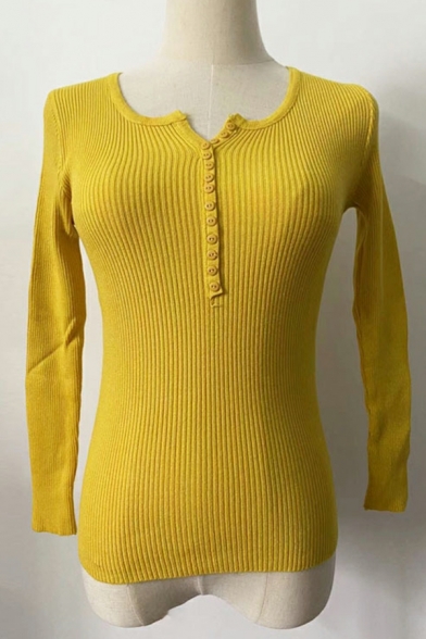 Warm Ladies Knitwear Pure Color Long Sleeves V Neck Slim Button Fly Pullover Knitwear
