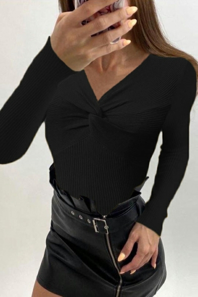 Women Hot Sweater Solid Color Cross Kink Long Sleeves V Neck Skinny Pullover Sweater