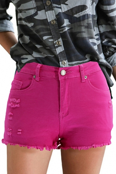 Women Sporty Shorts Pure Color Distressed Design High Waist Skinny Zipper Denim Shorts