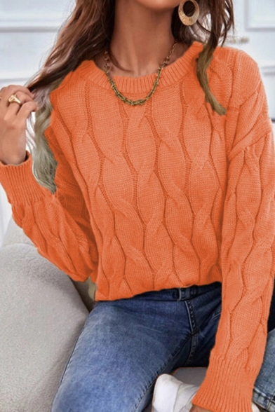 Casual Girls Sweater Pure Color Long Sleeve Crew Neck Regular Cable Knit Pullover Sweater
