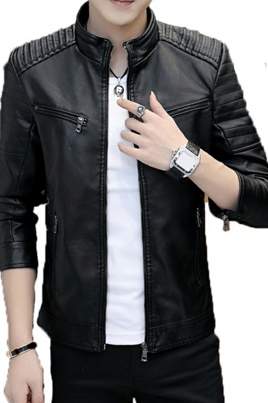 Chic Jacket Solid Pocket Stand Collar Regular Long Sleeves Zip Fly Leather Jacket for Men