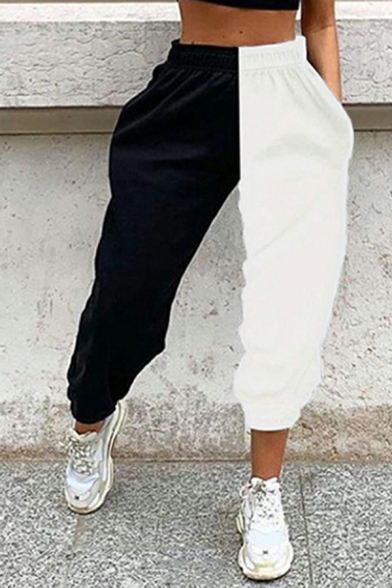 Chic Pants Color Block High Elasticated Waist Loose Ankle Length Pants for Girls
