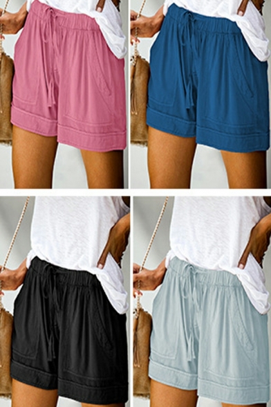 Classic Girls Shorts Solid Color Pocket Front Drawstring High Waist Loose Shorts
